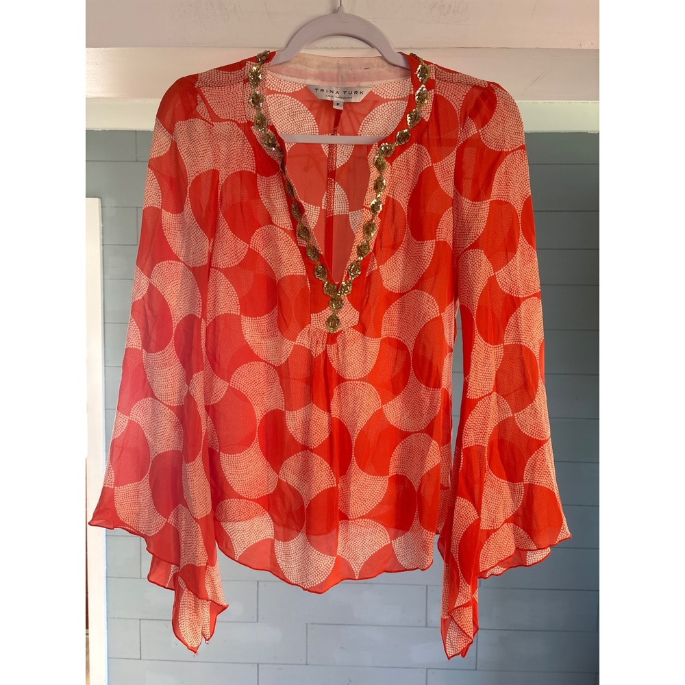 Trina Turk Orange Geometric Silk Blend Sequin V-Neck Bell Sleeve Blouse Top P